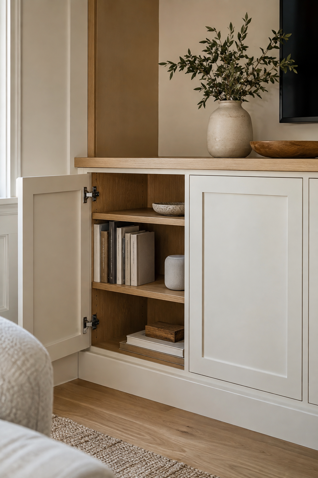Open oak cabinet door showing hinges, an adjustable shelf and fitted painted side panels