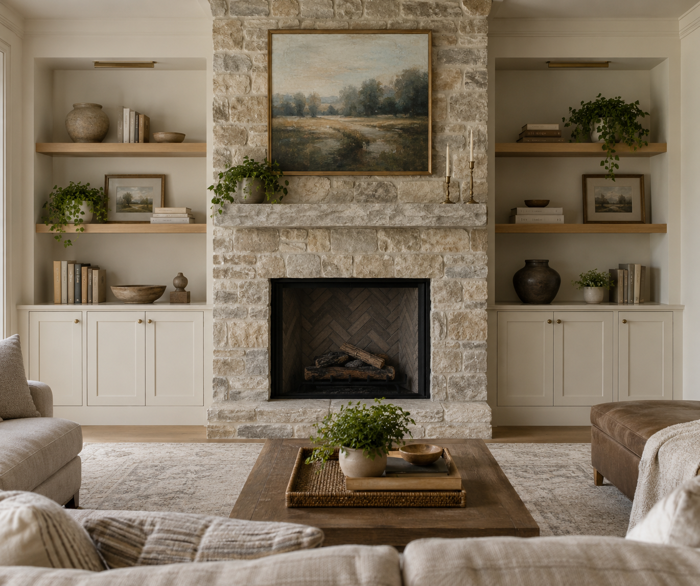 Cabinets and open shelves positioned on either side of an existing stone fireplace
