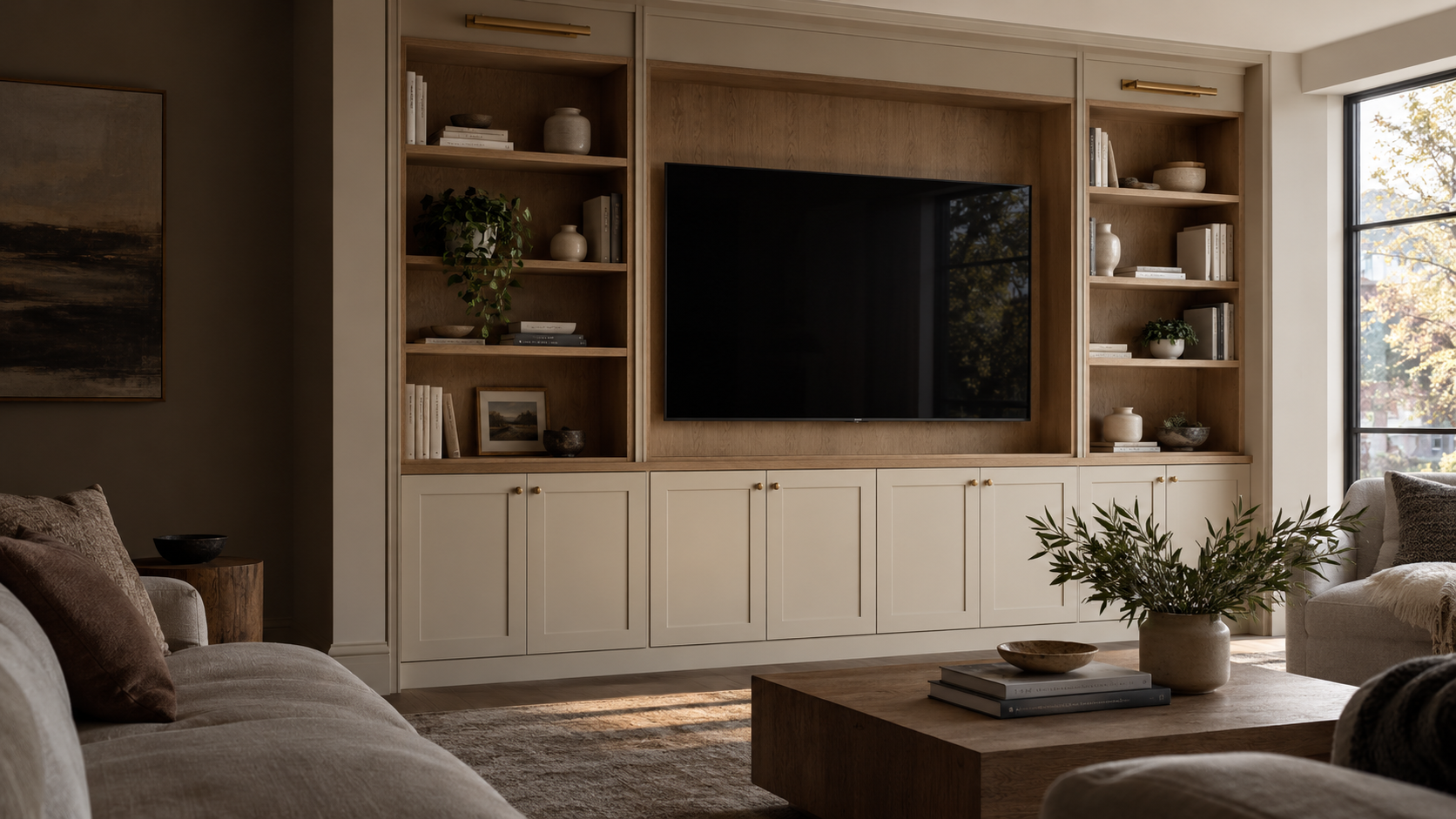 Custom wall unit with oak cabinets, a television and fitted display shelving in a warm living room