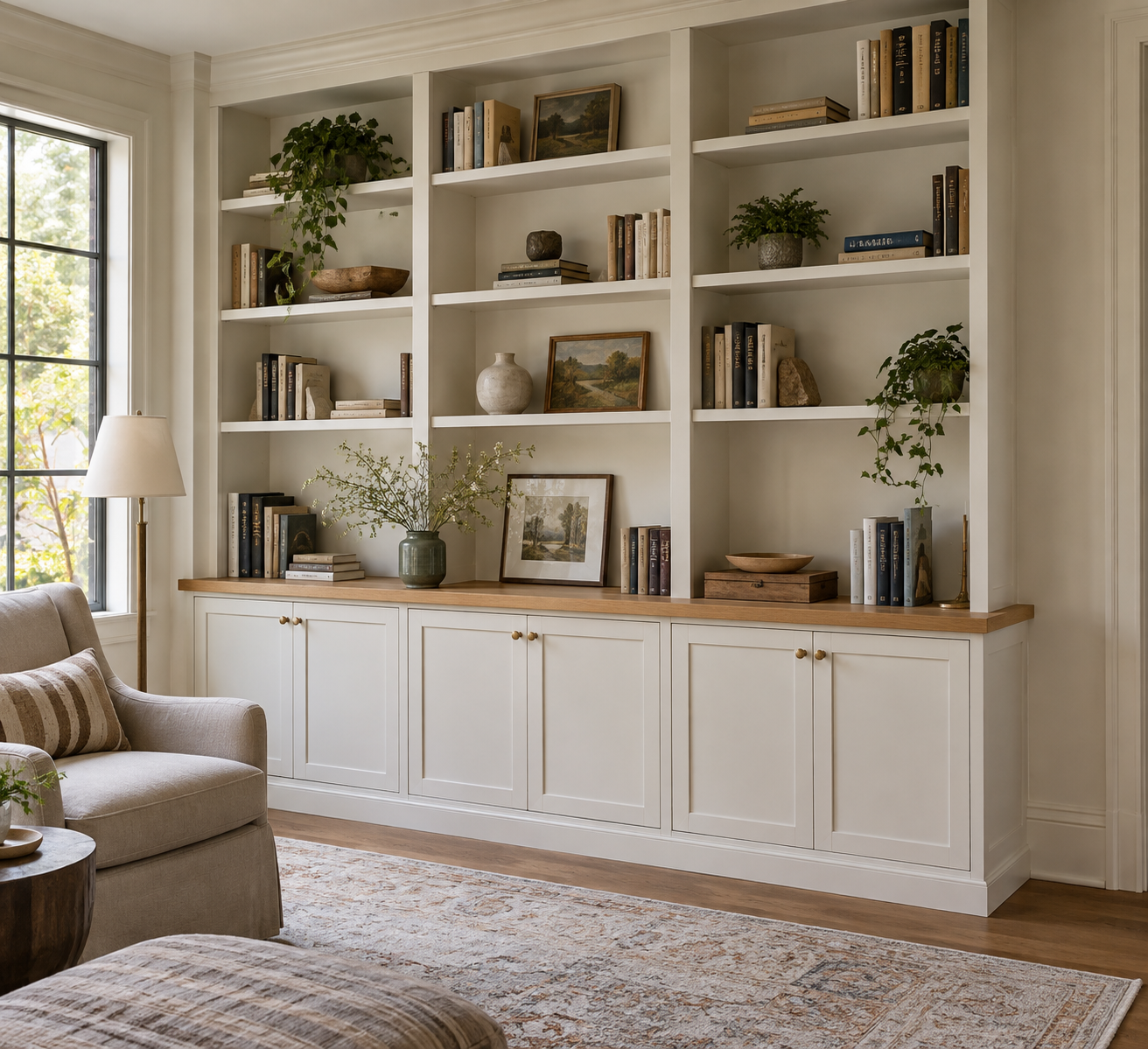 Custom library wall unit with painted bookshelves above oak-topped base cabinets
