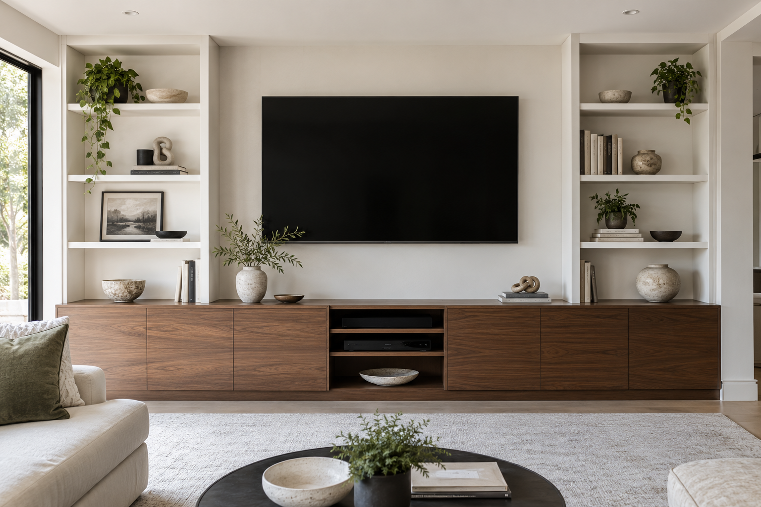 Custom TV wall unit with walnut cabinets, a central television and white display shelves