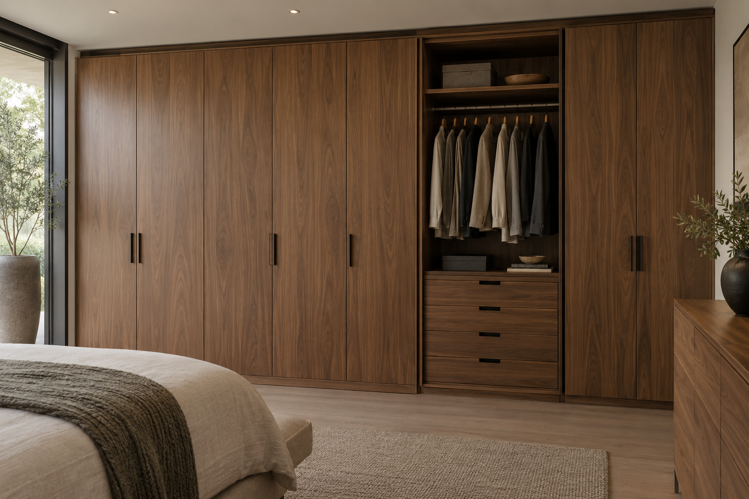 Walnut-toned doors beside an open clothing bay
