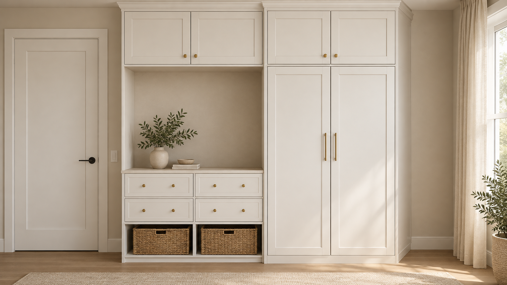 Custom painted bedroom cabinetry units with a dresser niche, four drawers, basket storage and paired closet doors, shown in a proposed render