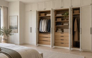 Off-white fitted wardrobe with oak drawers, shelves and hanging sections in a bedroom