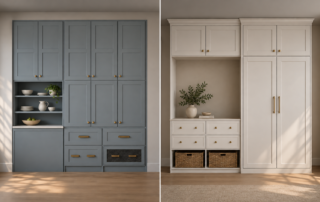 Proposed pantry and bedroom cabinetry shown in a paired design rendering