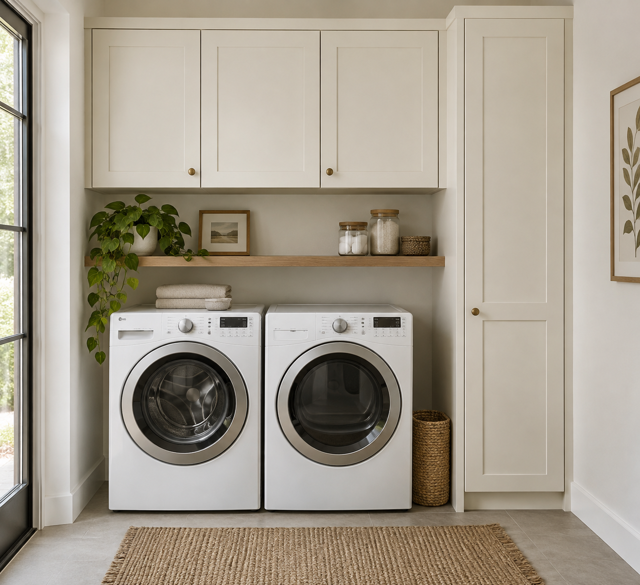 Wall cupboards and one tall cabinet forming a compact laundry storage arrangement