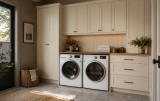 Ivory laundry cabinets with tall storage and drawers around side-by-side front-loading appliances