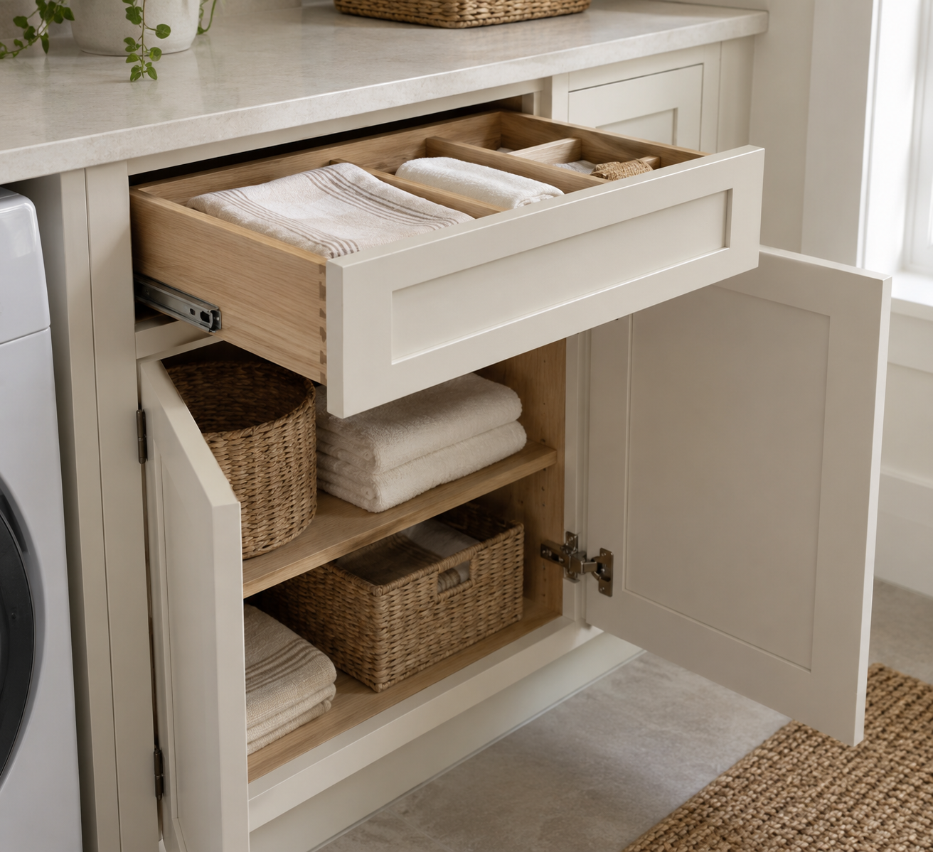 Open oak drawer and cupboard shelves holding folded linen and woven storage baskets