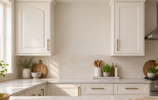 Illustration comparing painting vs replacing cabinet doors: arched and straight Shaker profiles in the same colour