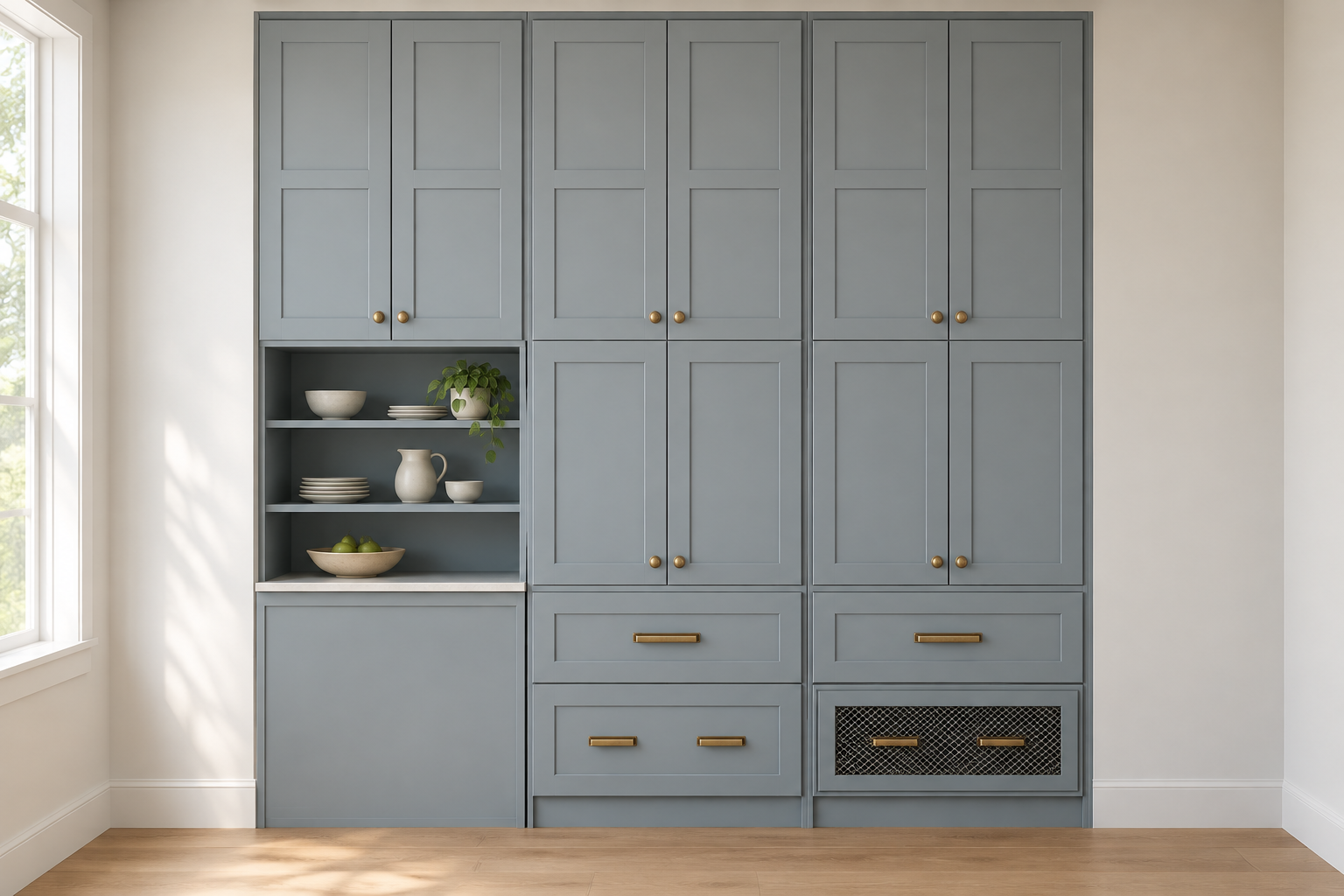 Custom blue-grey pantry cabinet units with solid Shaker doors, an open shelf bay and a mesh drawer front, shown in a proposed render