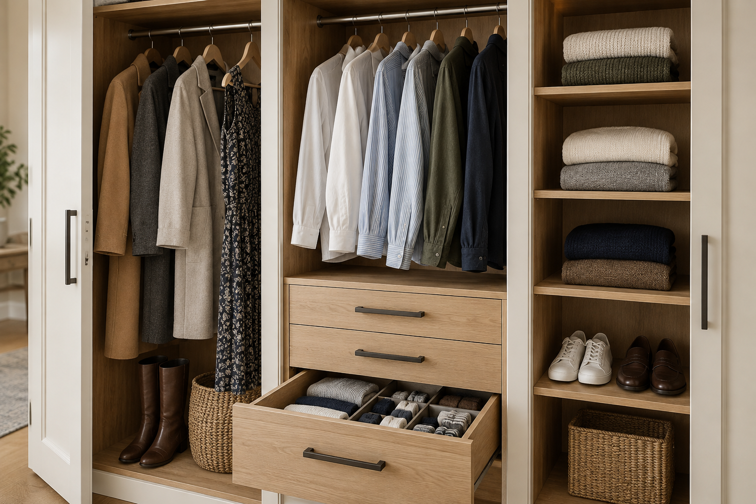 Oak wardrobe interior with separate long and short hanging sections, drawers and shoe shelves